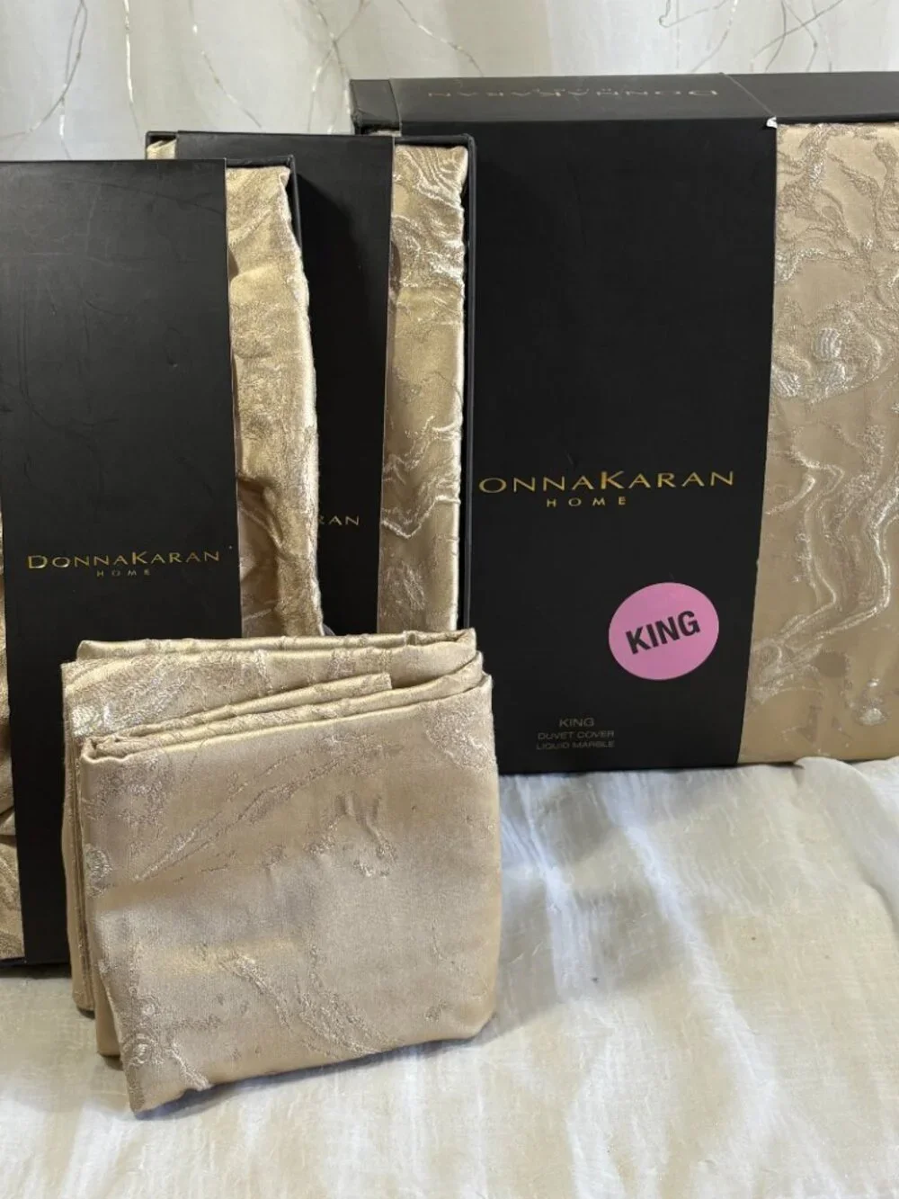Donna Karan Liquid Marble Jacquard Gold King Duvet & 3 SHAMS NEW 4PC SET $1500